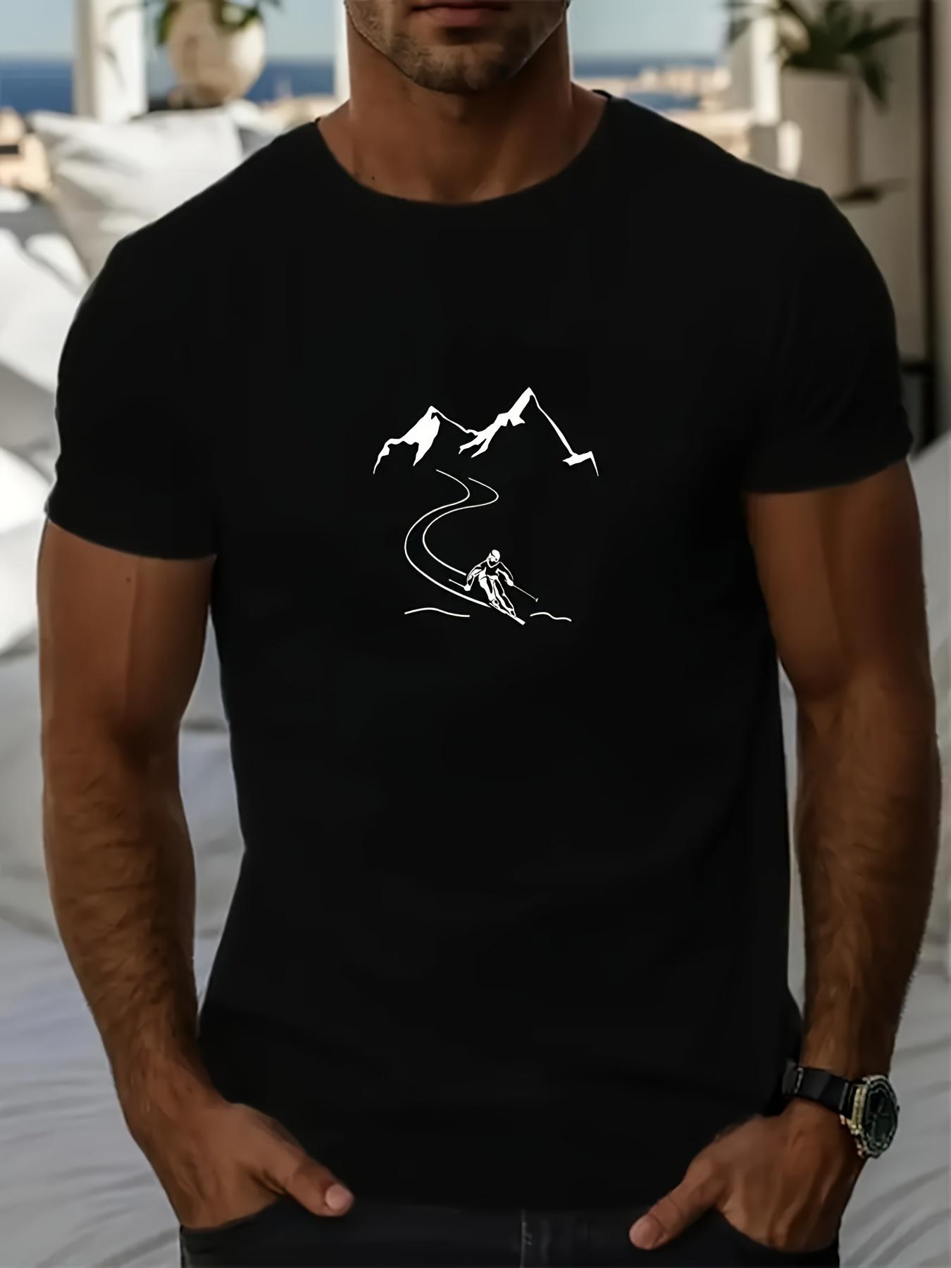 

European Size Men s Ski and Snowboard Graphic Casual T-Shirt - Summer Short Sleeve Crew Neck Mountain View Design, Breathable 4XL чорний