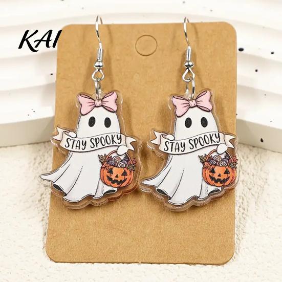 Pink Bow Pumpkin Drop Earrings 1 Pair Acrylic Ghost for Women, Halloween Cute Dangle Hypoallergenic Sensitive Ears with Bucket And Party Costume