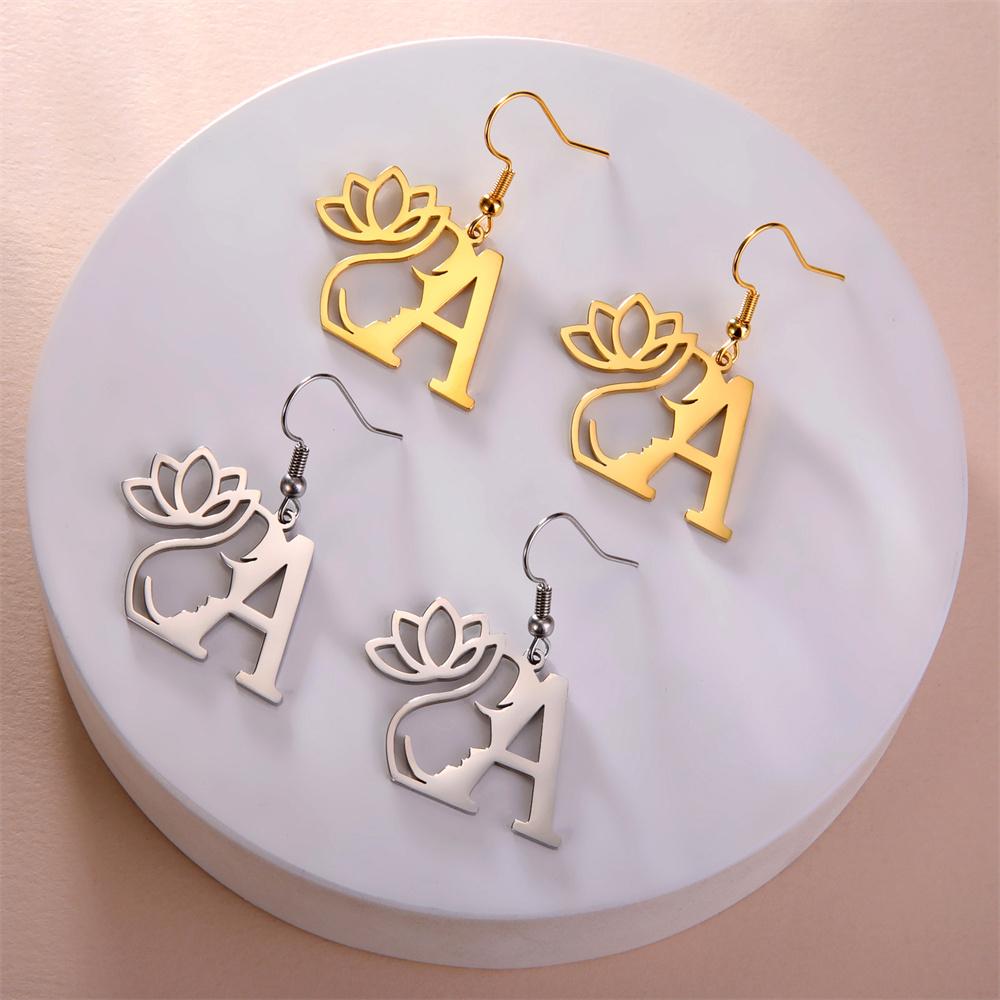 My Shape Beauty Flower Letter Drop Earrings for Women A-Z Alphabet Initials Lotus Stainless Steel Fashion Jewelry Kids Female