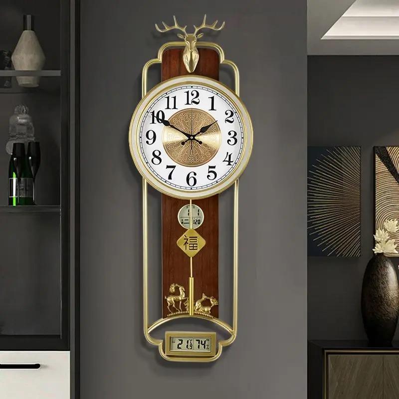 Wall Clock New Chinese Brass Living Room Home Solid Wood Luxury Chinese Style Silent High-end Watches Home Decoration