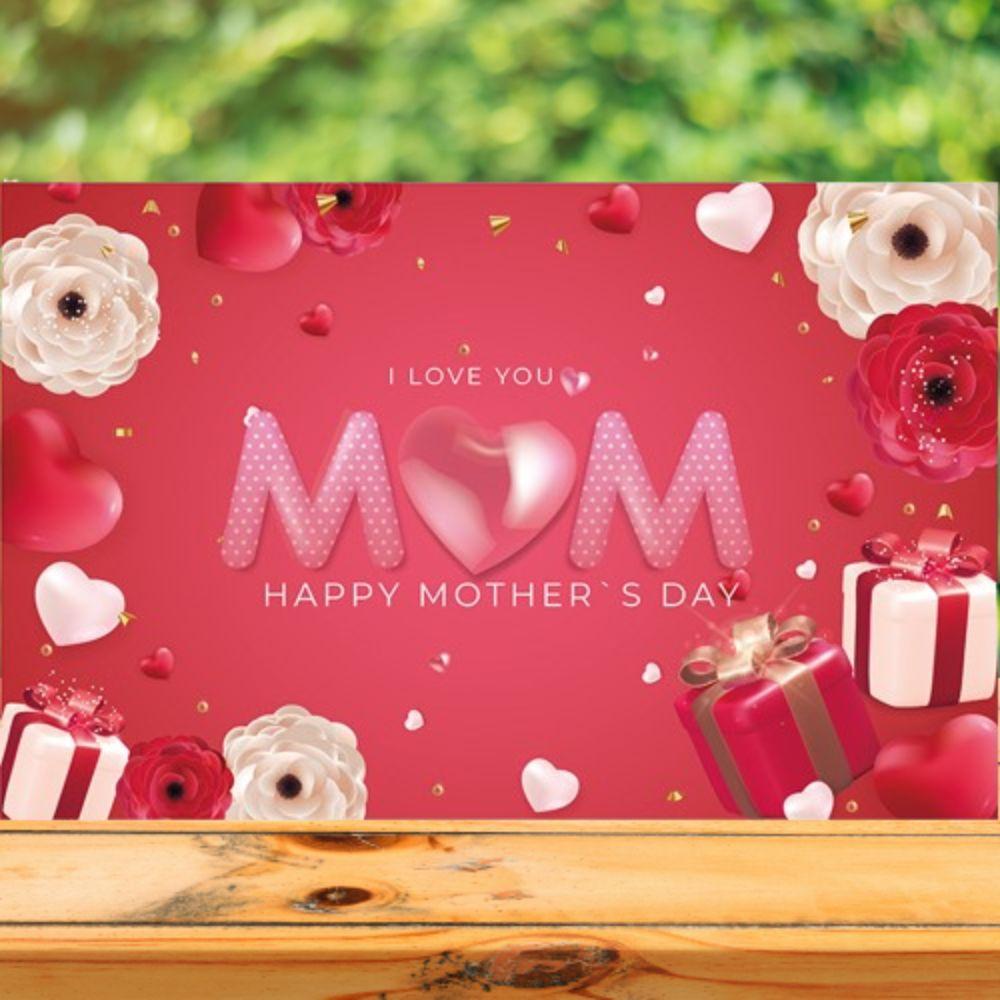 Polyester Happy Mother’s Day Backdrop I Love You Mom Hanging Banner  Photo Booth