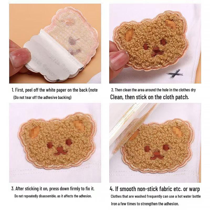 Adhesive Cartoon Bear Head Embroidery Patch - No-Sew, DIY Decorative Sticker for Clothing