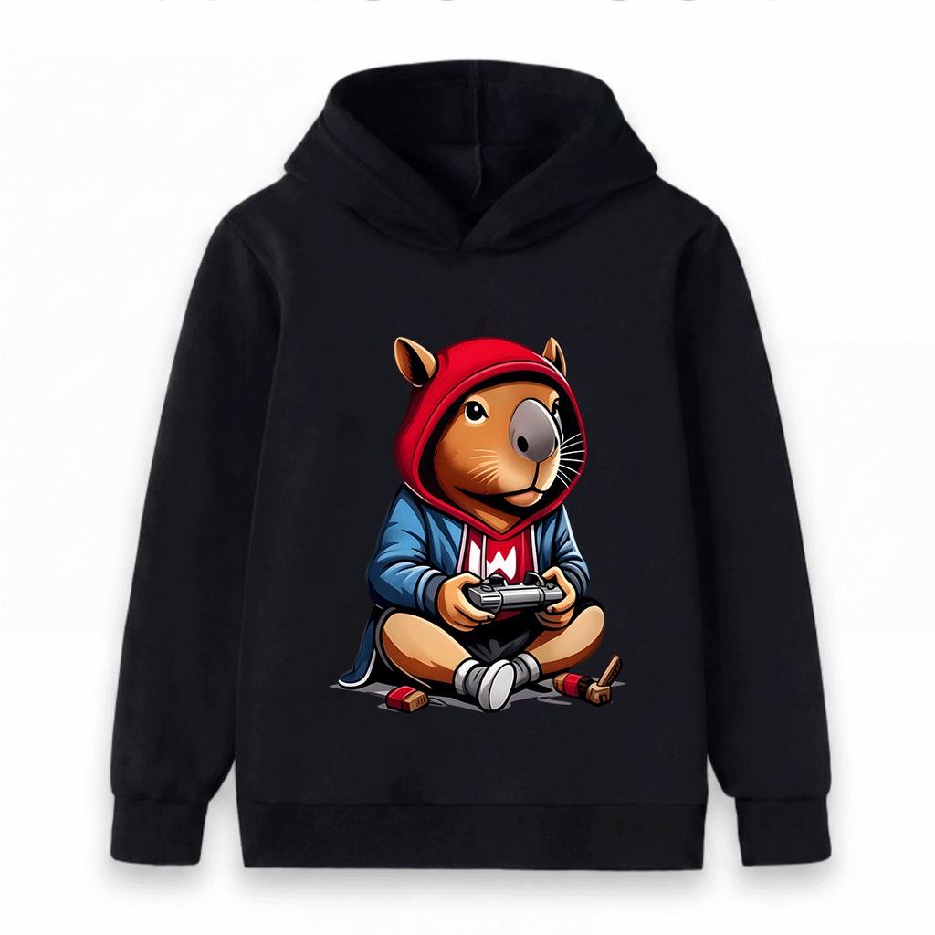 Kids Boys Girls Hoodie, Cute Gamer Capybara Print Casual Pullover Hooded Sweatshirt for Game Lovers Children Tops