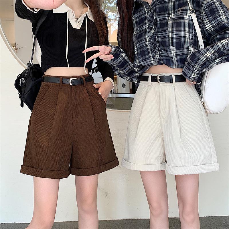 Corduroy Cuffed Straight Leg Shorts for Women - Autumn/Winter Loose Slimming Wide Leg Casual Pants