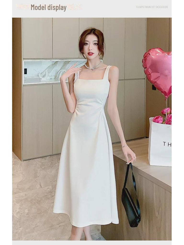 Women's French-Style White Suspender Dress - Summer Cool, Square Neck, Slim Waist, A-Line Long Skirt