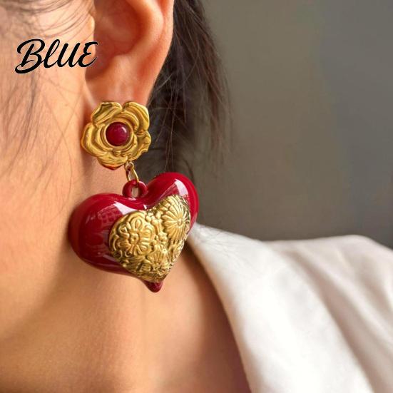 Elegant Earrings Red Heart Dangle Love Drop Sensitive Ears