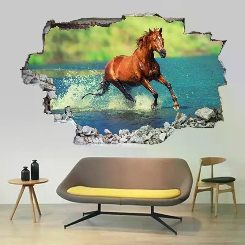 Poster Animale Buco Muro Rotto Arte Cavallo Bianco Che Corre Vinile Murale Adesivi Per Soggiorno