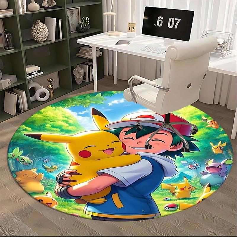 1pc Pokémon Pikachu & Trainer Round Carpet, Office Chair Mat, Non-Slip Rug for Home Decor, Seasonal Gift, Suitable for Office, Living Room