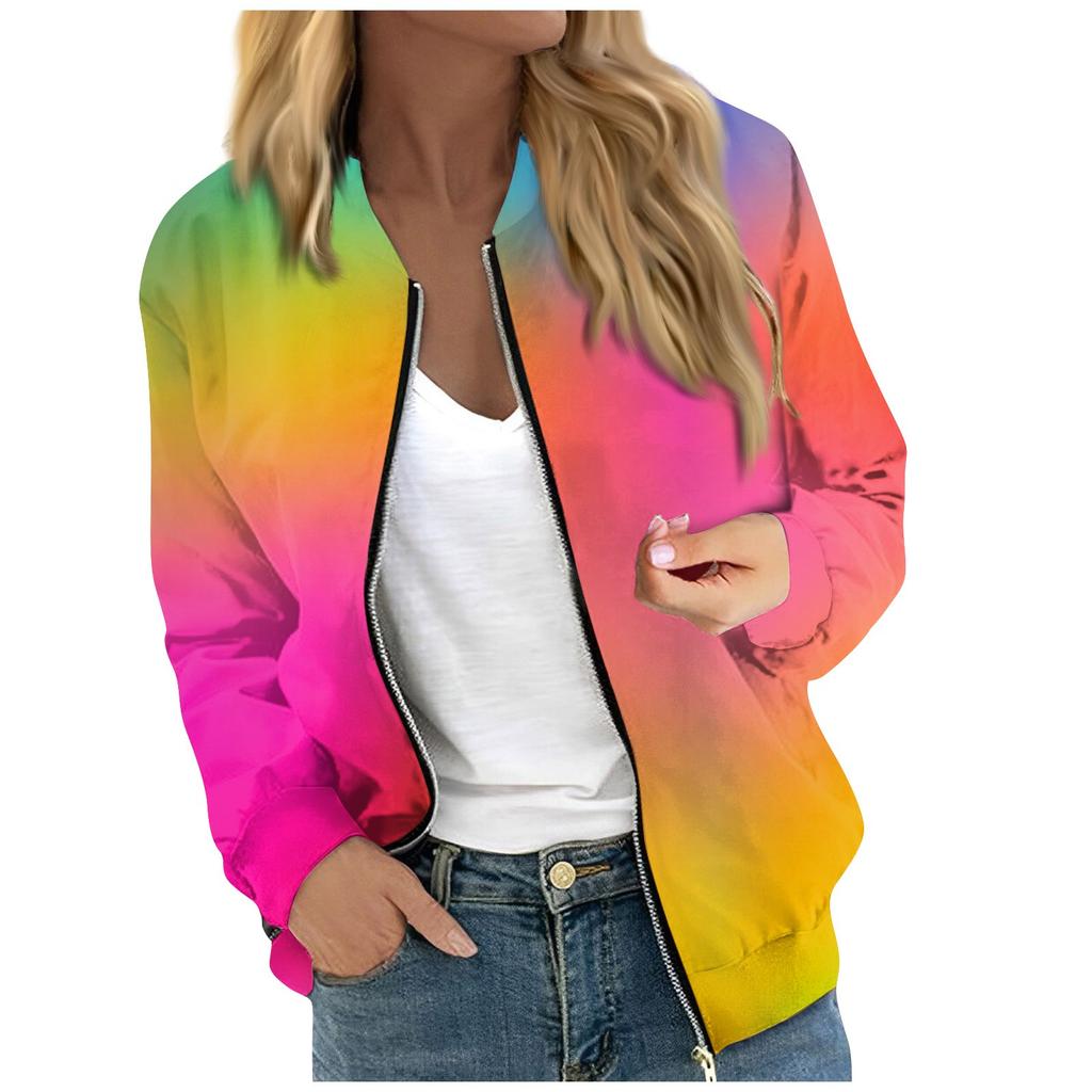 Women's Fashionable Casual Long Sleeve Color/Gradient Print Round Neck Zipper Jacket