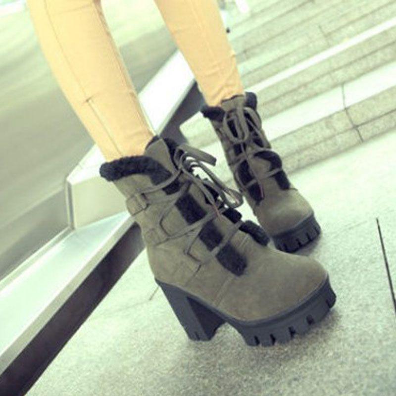 Women's Boots Suede High Heel Boots Vintage Winter Ladies Fur Warm Platform Snow Boots Lace Up Cosplay High Heel Shoes 34-43