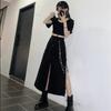 Spring Autumn Women Skirt Fashion Korean Style Black Long Skirts with Chain Side Slit Hip Hop Streetwear Plus Size