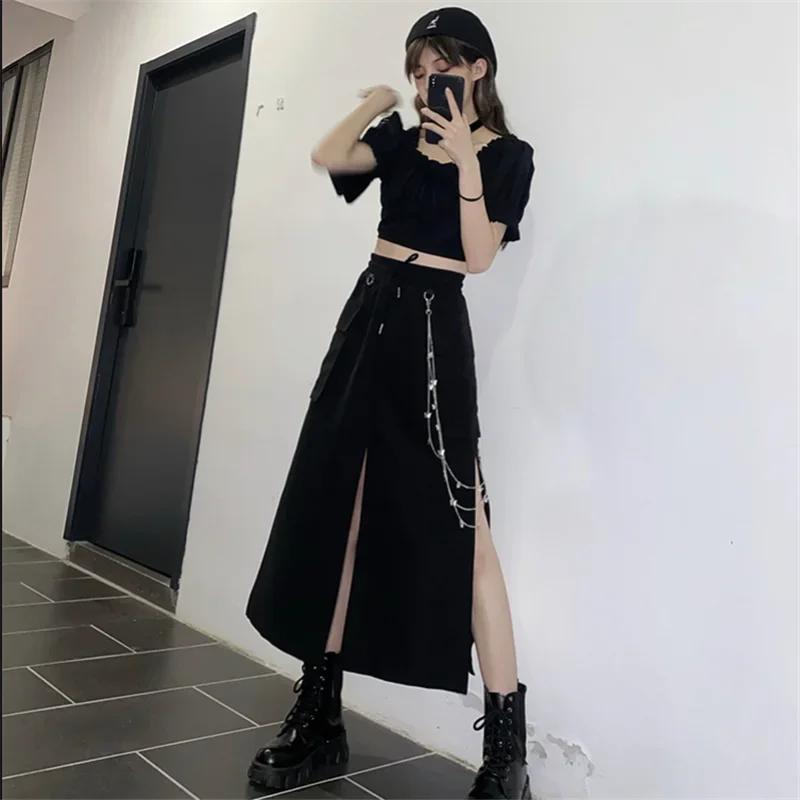 Spring Autumn Women Skirt Fashion Korean Style Black Long Skirts with Chain Side Slit Hip Hop Streetwear Plus Size