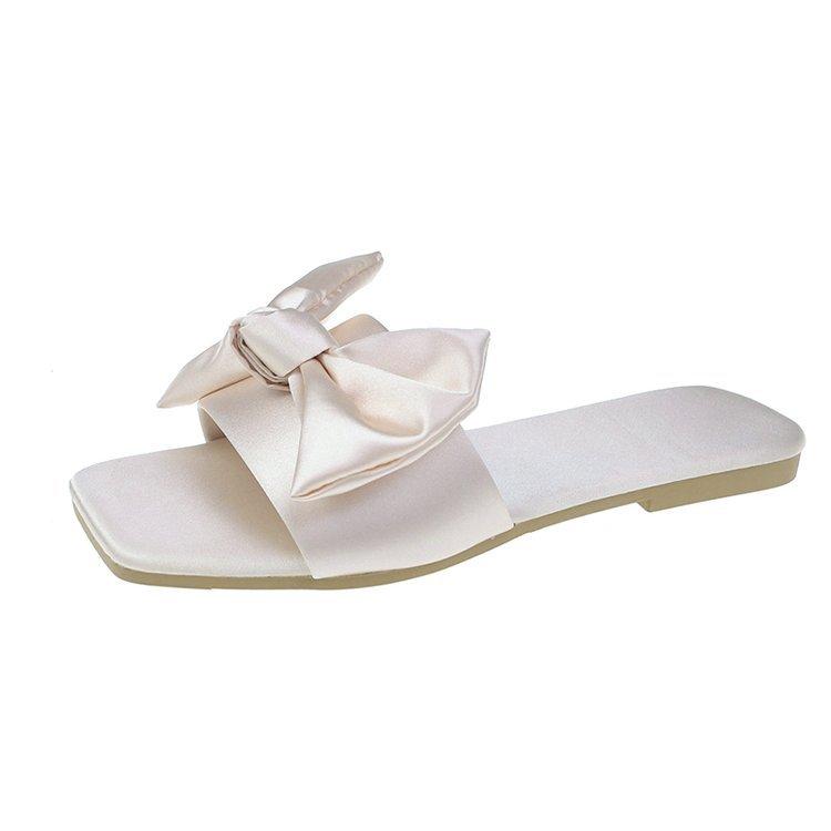 Large Size Satin Cloth Bow Flat-Bottomed Slippers Women'S Fashion Square Head Square Heel One Pedal Lazy Shoes