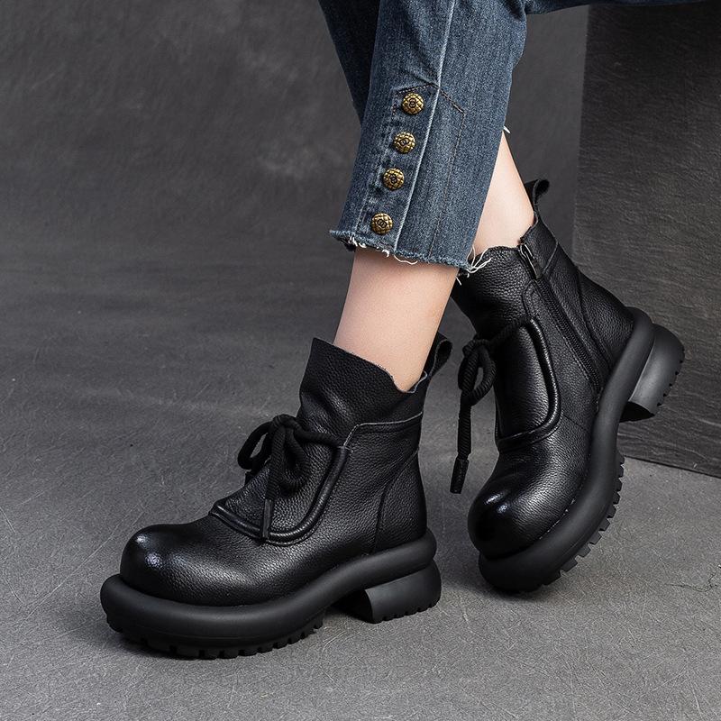 Fashion GKTINOO 2024 Winter New Versatile Women's Shoes Retro Genuine Leather Round Toe Thick Bottom Short Boots