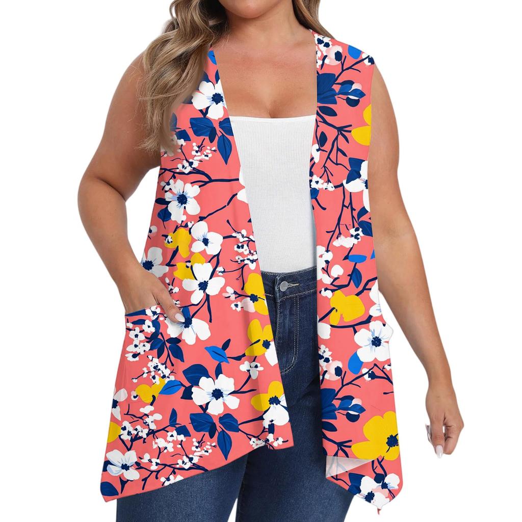 Women's Oversized Loose Casual Printed Sleeveless Vest With Pocket Cardigan Jacket Cardigan Jacket