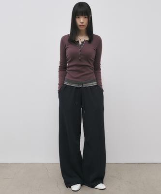 Seul Folded Waist Waffle Curved Tab Pants_Navy
