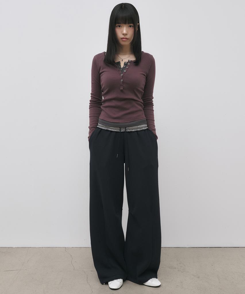 Seul Folded Waist Waffle Curved Tab Pants_Navy