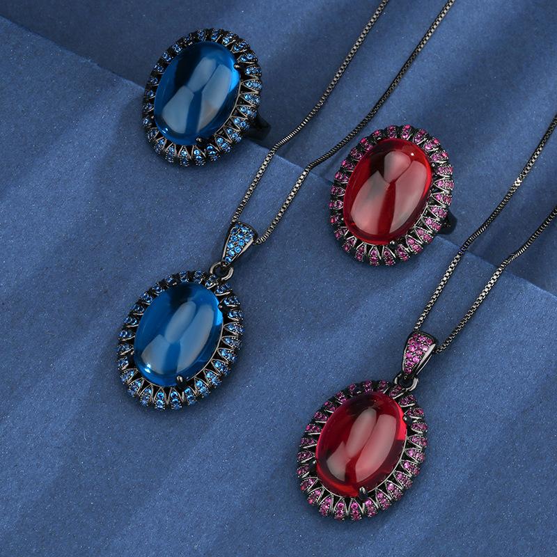 Autumn And Winter Jewelry European Simulation Pigeon Blood Red Corundum Black Gold Personality Set Main Stone 13 * 18