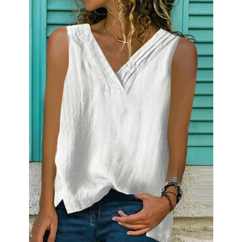Women S Summer Sleeveless V Neck Polyester T Shirt S белый