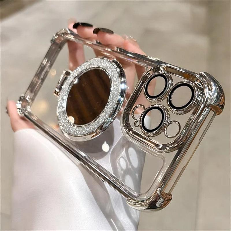 Luxury Glitter Makeup Mirror For Magsafe Magnetic Bracket Case For iPhone 16 15 12 13 11 14 Pro Max Plus XS Plating Holder Cover