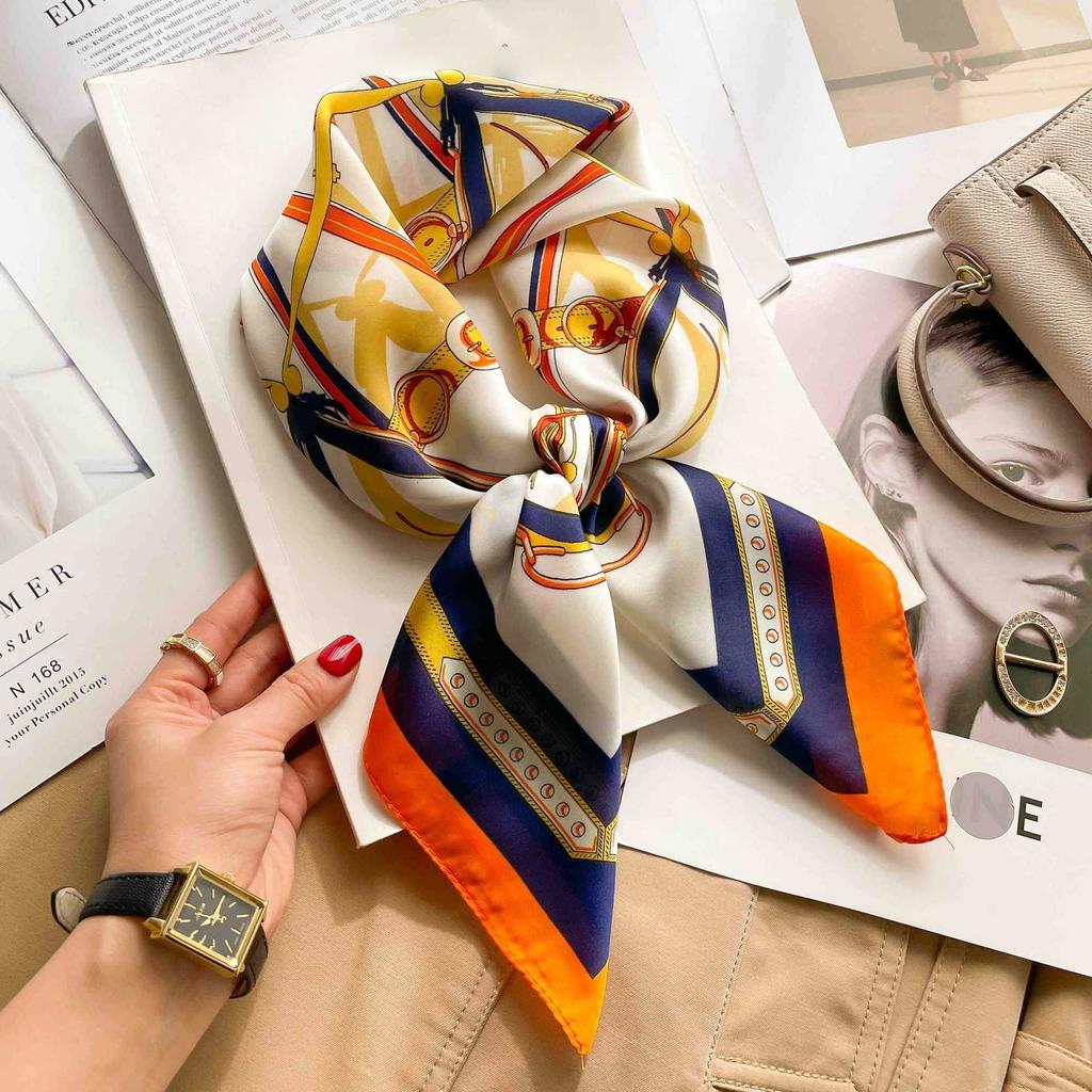 Luxury Chain Print Silk Square Scarf Women Soft Satin Silk Thin Neck Scarf Fashion Sunscreen Headscarf Woman 70x70cm