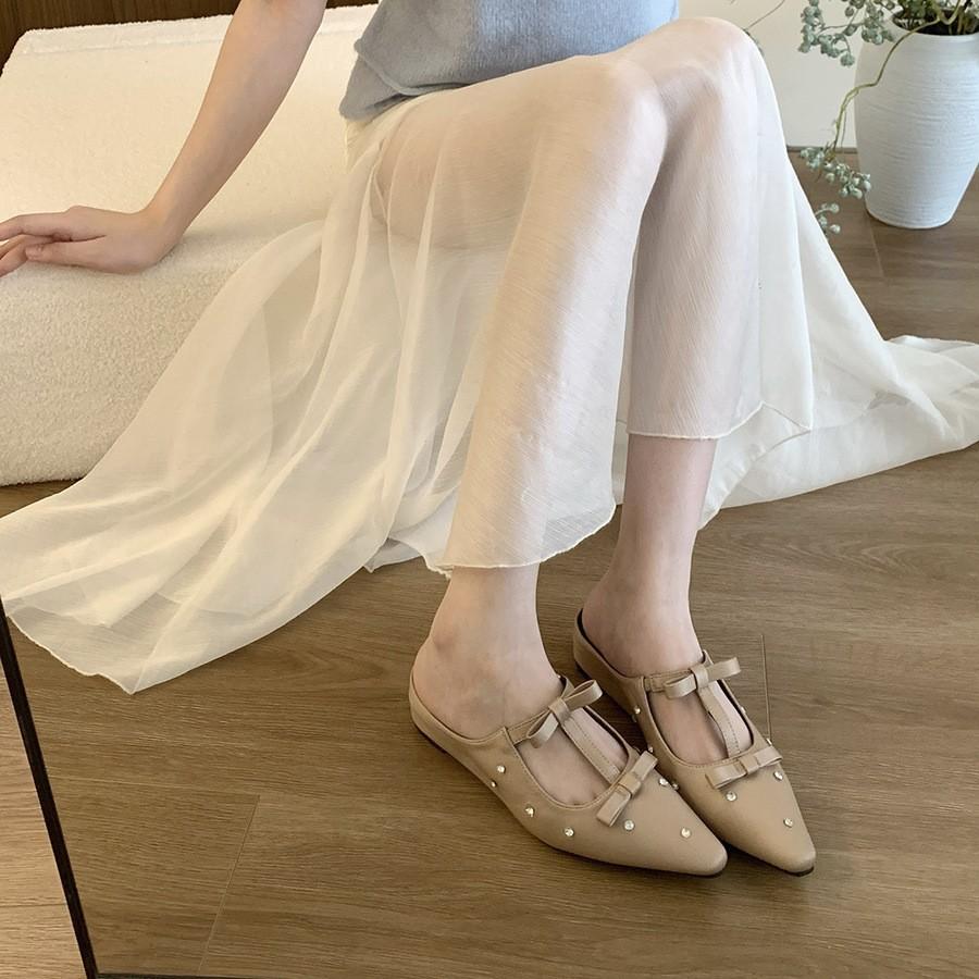 Inner Height-increasing Bow Bag Head Half Slippers Women Wear New Spring and Summer New Fairy Style Pointed Mary Jane Sandals