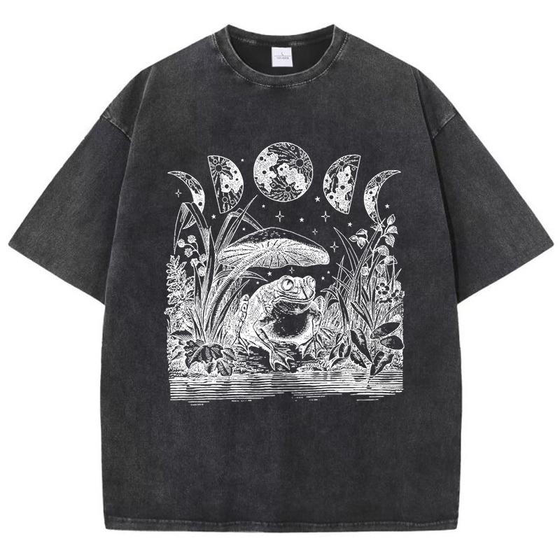 Personality Frog Mushroom Print Women Washed T-Shirt Hip Hop Cotton Short Sleeve Summer T Shirt Loose Soft Top