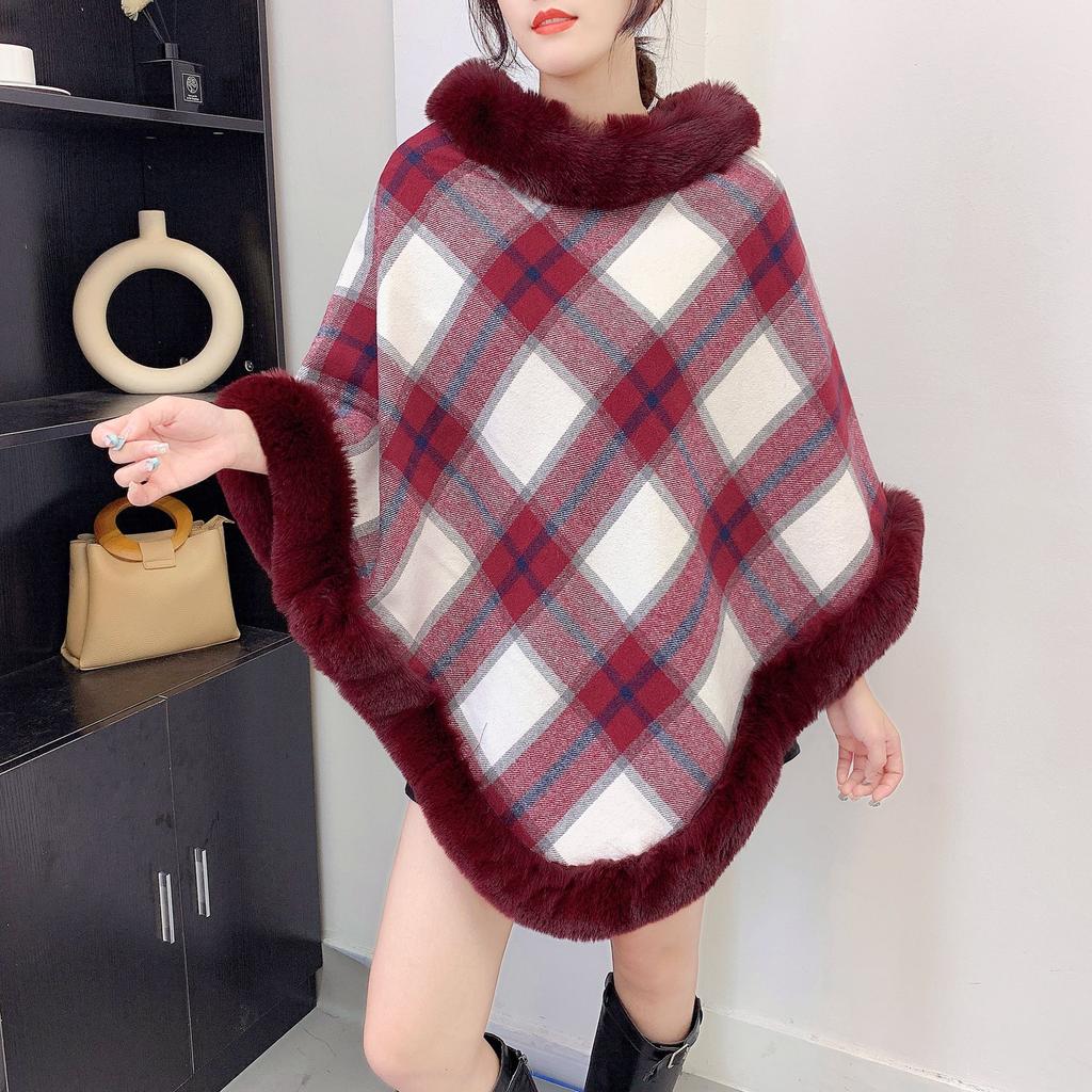 Women Plaid Print Poncho Pullover Soft Fleece Shawl Collar White Background Cozy Winter Cape Top