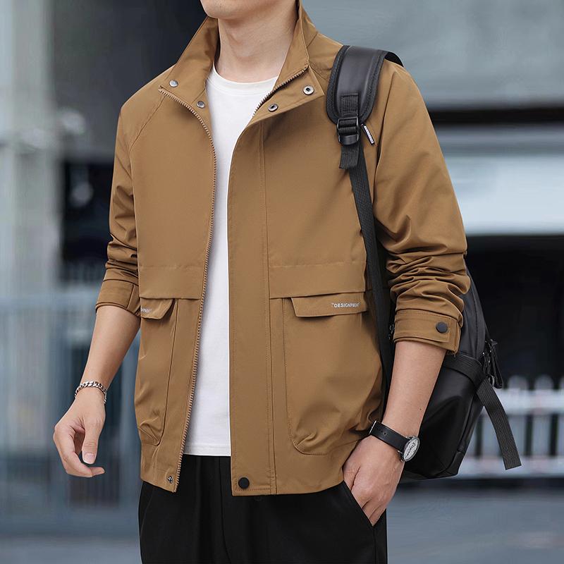 Stand Collar Work Jacket for Men's Trendy Slightly Loose Waterproof Windproof Jacket for Young Work Jacket