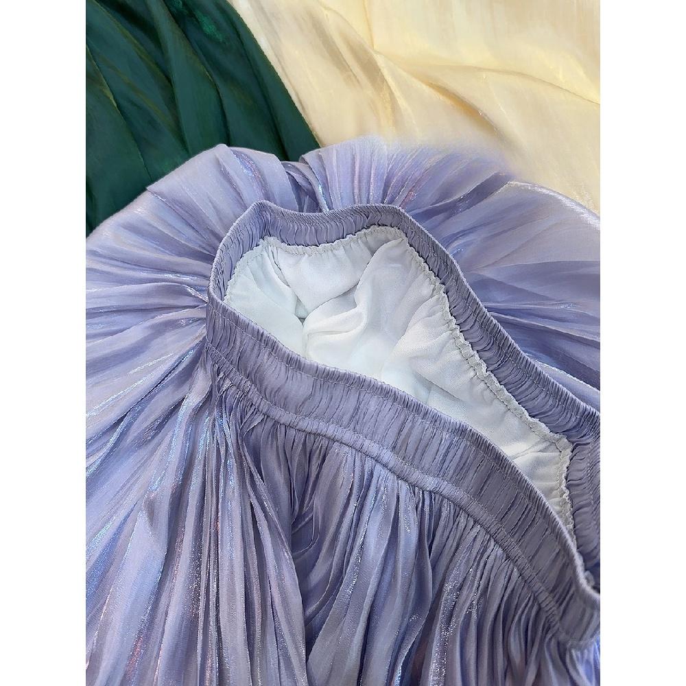 Retro Style Fashionable Pleated Drooping Slimming High Waist A- Line Skirt High-Grade Glossy Pearlescent Chiffon Pleated Skirt