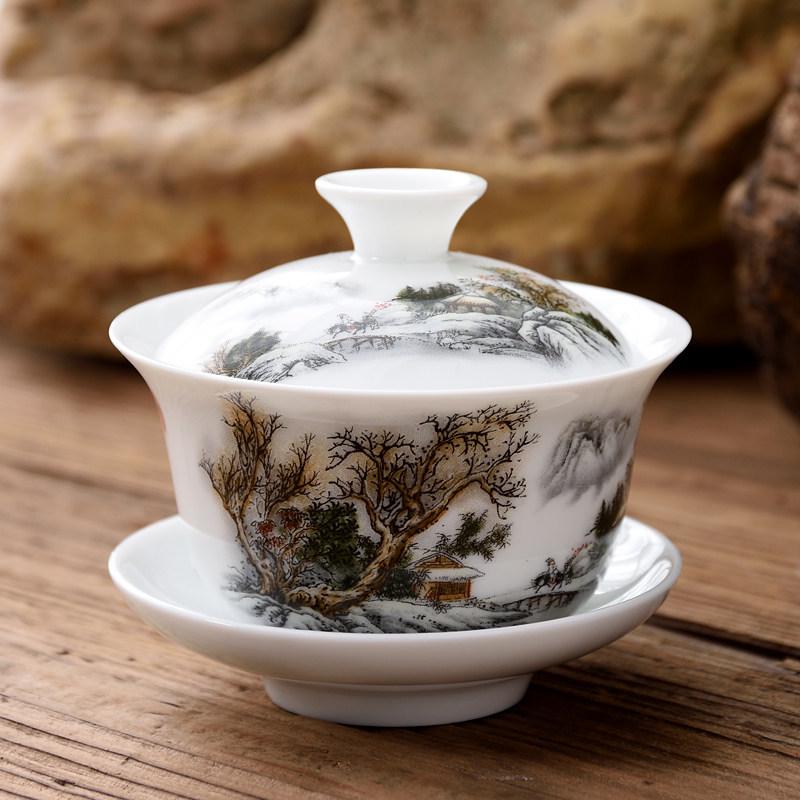 Blue and White Ceramic Gaiwan Tea Set: Small Tea Bowl & Tasting Cup with Concave Lid.