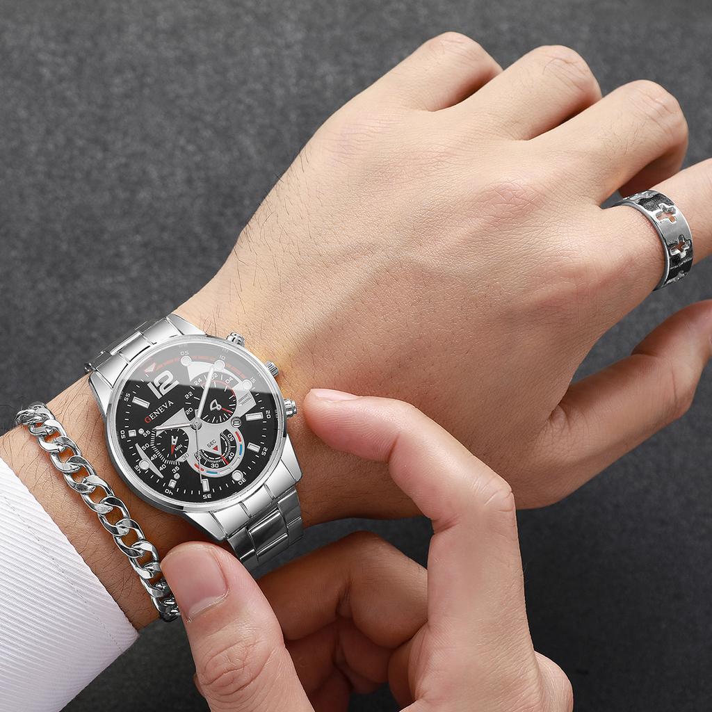 4pcs-trendy Hip-hop Men's Business Watch Bracelet Ring Set, Analog Mechanical Watch Quartz Watch Men's Clock (no Box)