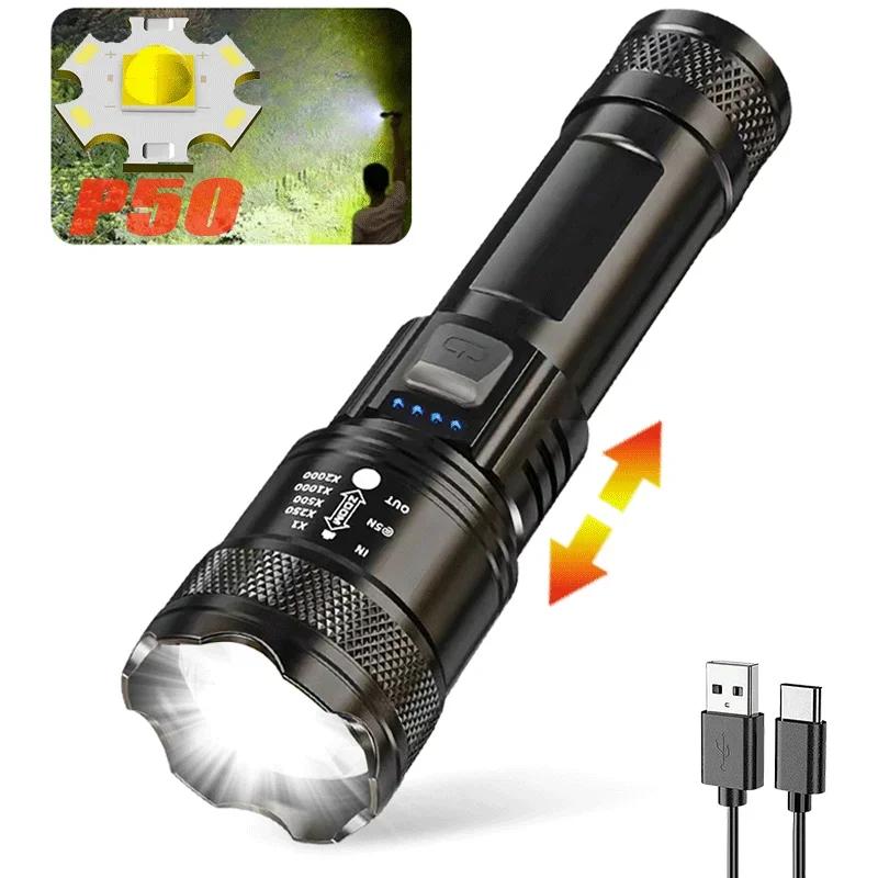 Powerful XHP70 Led Flashlights 5000LM Ultra Bright Tactical Light Emergency Spotlights Telescopic Zoom Light Built-in Battery