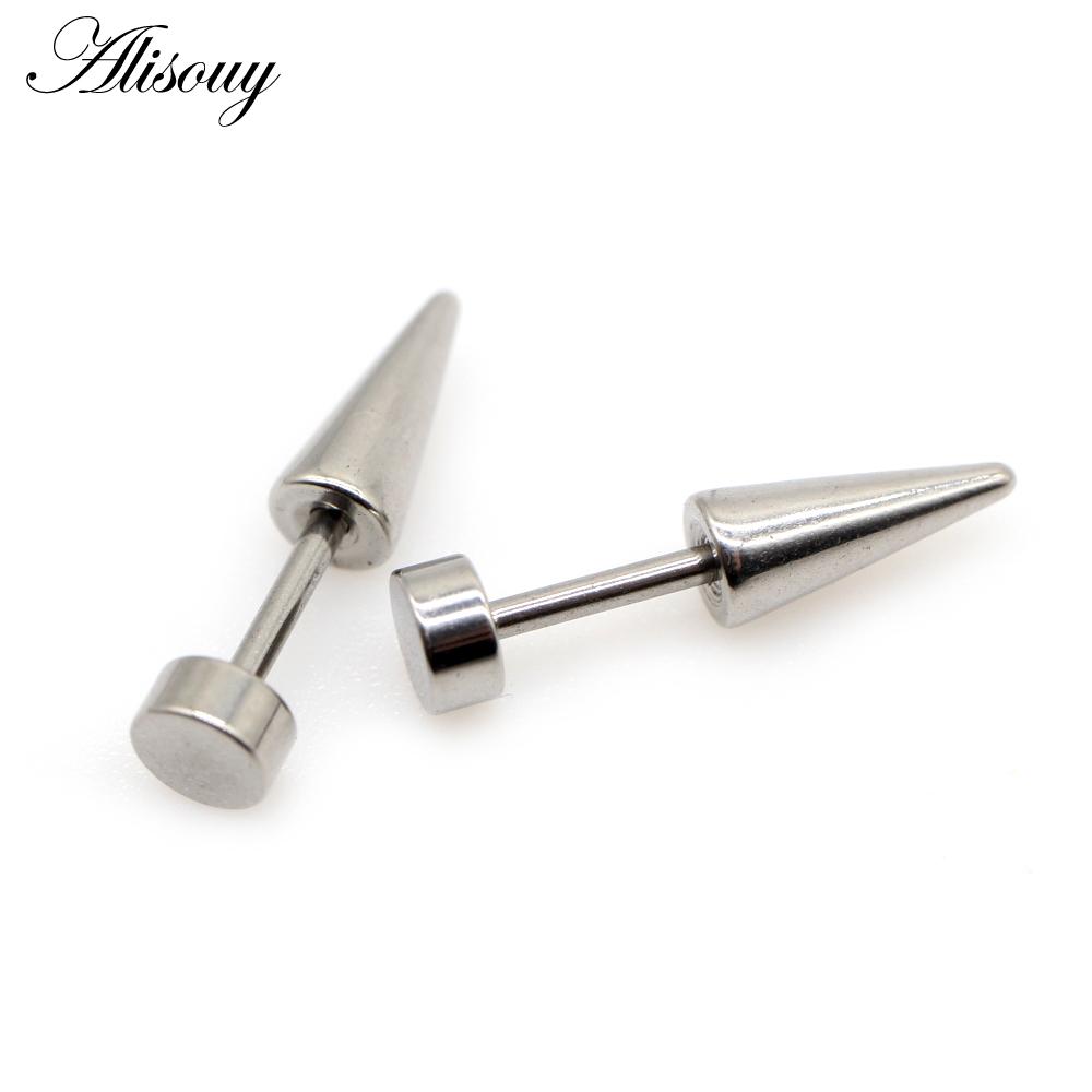 Alisouy 2pcs Unisex Gothic Punk Stainless Steel Cone Spike Rivets Dumbbell Barbell Piercing Men Women Screw Ear Stud Earrings