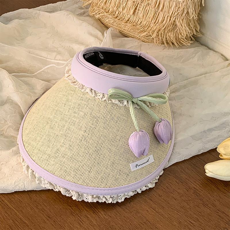 

2025 Tulip Lace Empty Top Hat Women s Summer Big Brim Sun Hat Outdoor Straw Sun Protection Hat One size fits all