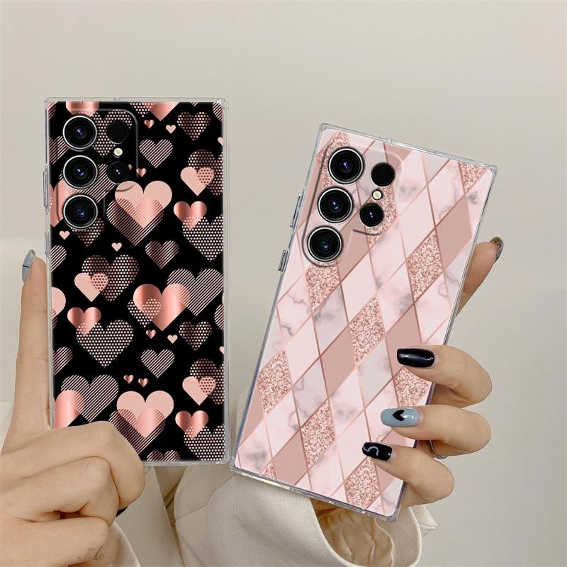 Gold Pink Rose Glitter Hearts Phone Case For Samsung S24 S23 Ultra S22 S20 Plus S21 FE Clear Cases Cover Galaxy S24Ultra Fundas