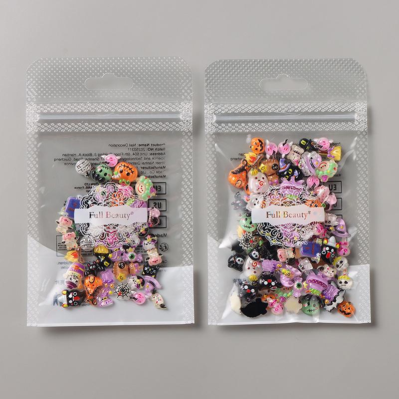 50/100Pcs Kawaii Halloween Nail Charms Cartoon Pumpkin Ghost Cat Mixed Sized Resin Ornaments Cute Spider Web Bat Nail Decor