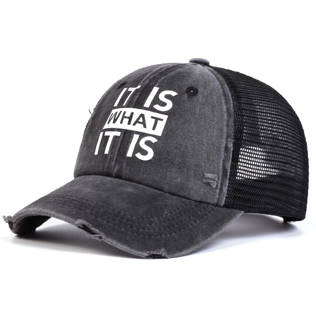 Unisex IT IS WHAT Letter Print Wash Baseball Net Caps Hip Hop Cap Spring Summer Outdoor Adjustable Casual Hats Sunscreen Hat