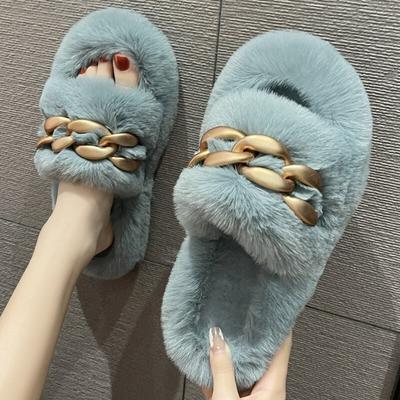 New Matte Gold Chain Decorate Female Fluffy Fur Slides Plush Warm Slippers Luxury Slippers Slip-On