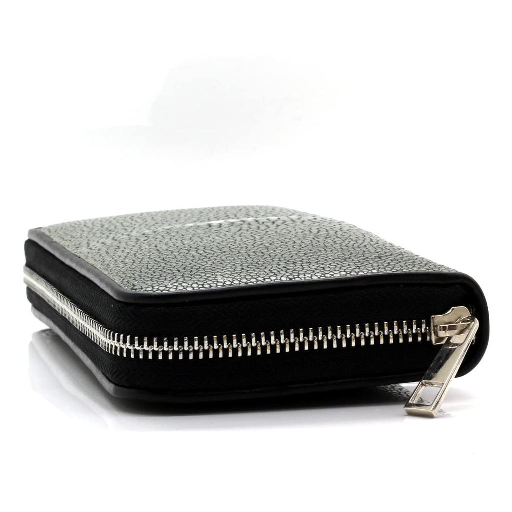 [Revetta] Langbörse aus Rochenleder, Rundreißverschluss, Rochen Galuchat, Grau, Echtes Leder, Schwarzes Lederinnenfutter [194stw]