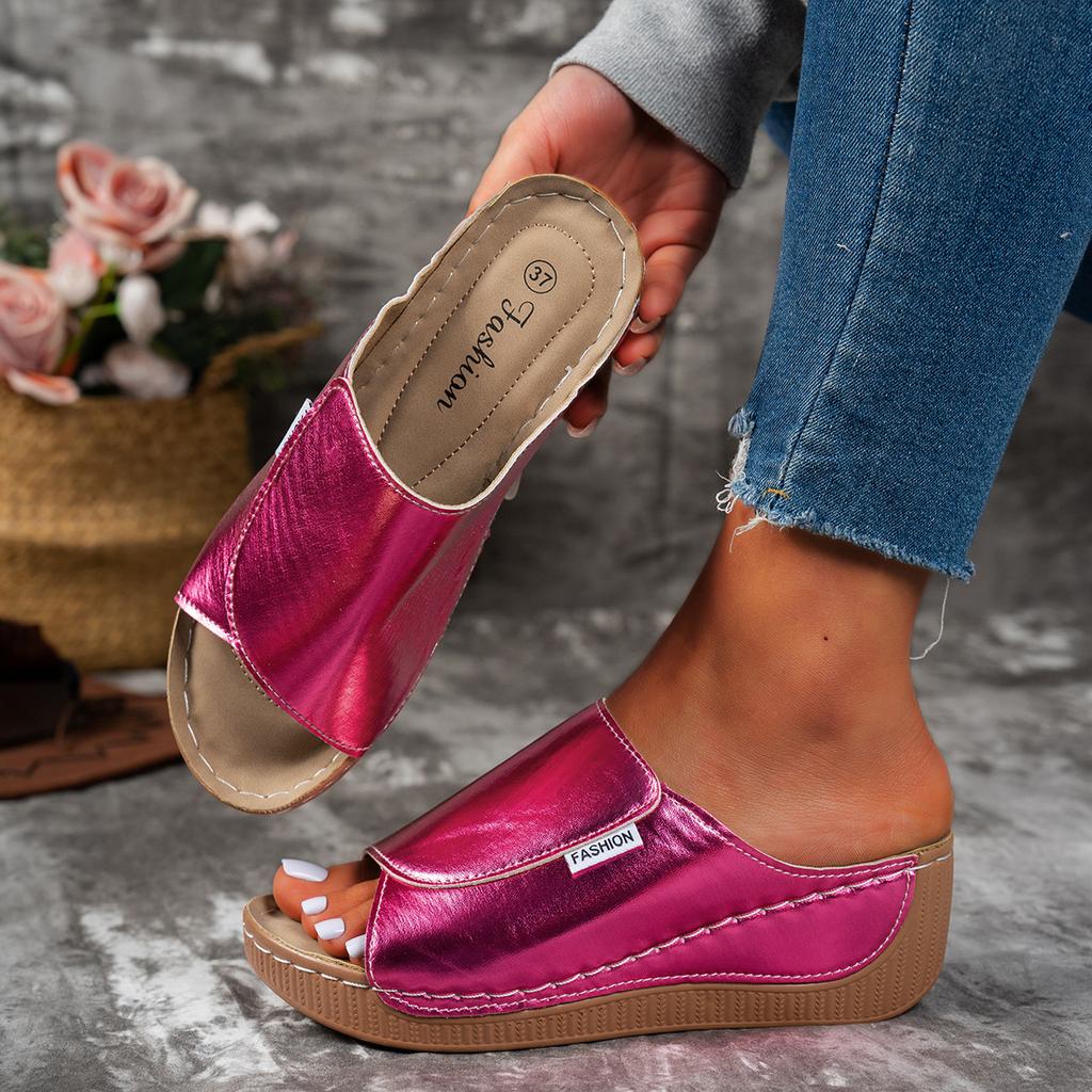 Fashion Summer 2025 New Foreign Trade Women's Thick-soled Slippers, Large-sized One-line Wide Striped Thick-soled Fish-mouth Slippers