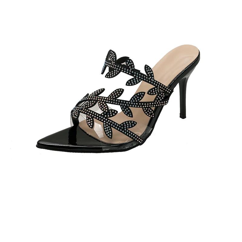 Fashion Black Rhinestone Leaf Cool Drag New Spring and Autumn Pointed Patent Leather Temperament Beautiful Stiletto High Heels