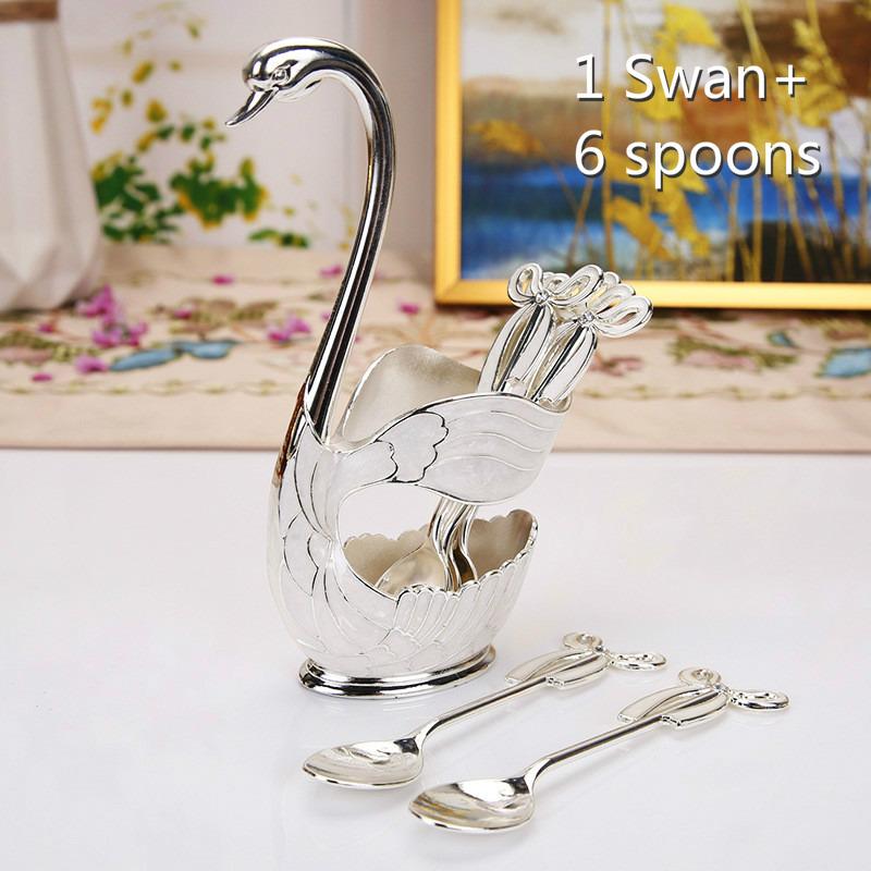 6Pcs/set Gold Silver Cutlery Set Dinnerware Silverware Flatware Set Swan Spoon Stand Holder Cake Dessert Snack Spoon Kitchen Set