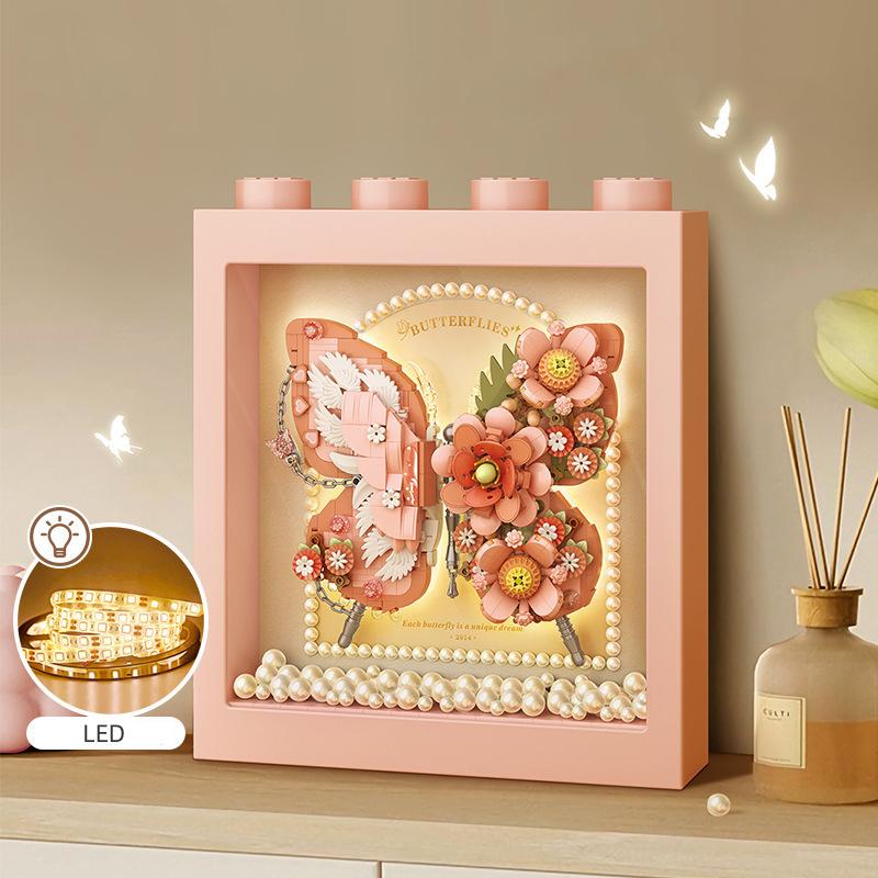 Idea Construction Brick Beauty Small Block Mechanical Flower Pearl Butterfly Photo Frame Construction Toys With Light For Girls Present