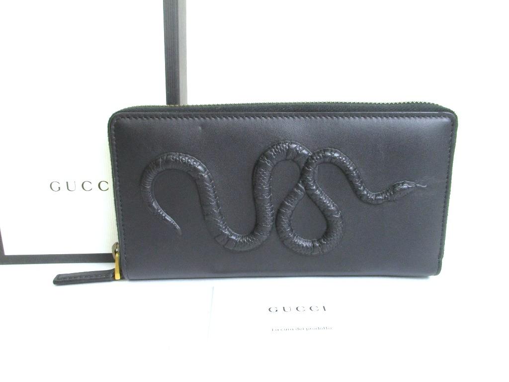 Authentic GUCCI Black Leather Snake Motif Round Zip Long Wallet #a872  Refurbished