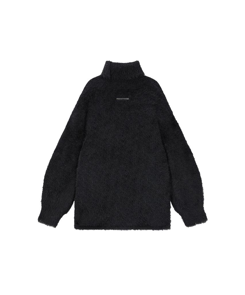 Teulimingbeodeu Front Slit Metal Hook High-Neck Fur Knit [ Black ]