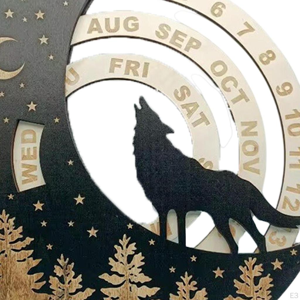 Wooden Perpetual Calendar Desk Accessories Modern Birthday Gift Round Wall Ornament Rotatable Moon
