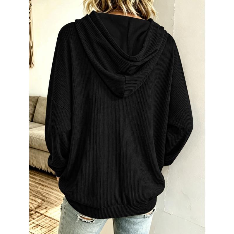 Women S Solid Drawstring Hooded Knit Loose Fit Casual Sweatshirt With Pockets