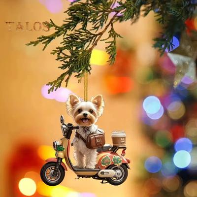 Christmas Decoration Puppy Riding Motorcycle Acrylic Pendant Xmas Tree Hanging Ornament for Holiday Home Car Decor