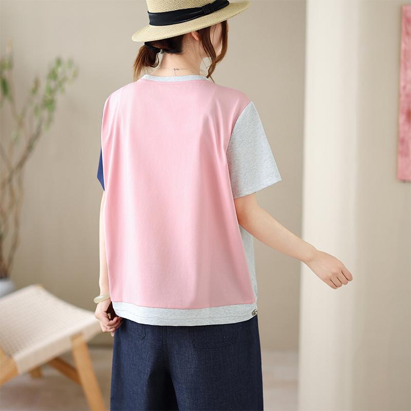 DIMANAF 2026 Plus Size Summer Women T-Shirts Casual Lady Tops Tunic Shirt Spliced Oversize Loose Tees Cotton